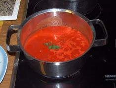 Die Tomaten mit den Gewürzen in einen Topf geben.