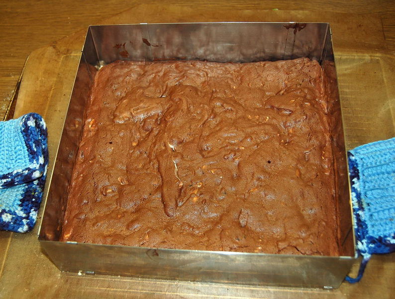 Datei:Schokoladenbrownie mit Haselnussblättchen fertig.jpg