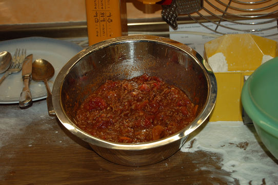 Pizza mit Hackfleischsauce, Zwiebeln, Pilzen und Tomaten – Koch-Wiki