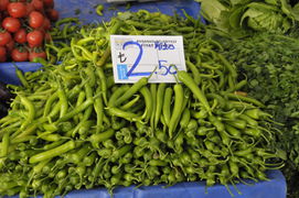 Grüner Paprika auf einem Gemüsestand in Kusadasi (Türkei)